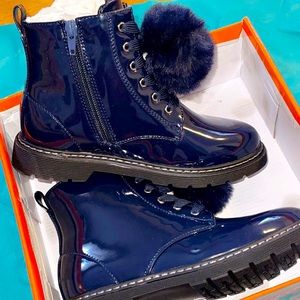 Navy Patent Zipper PomPom Combat Boot